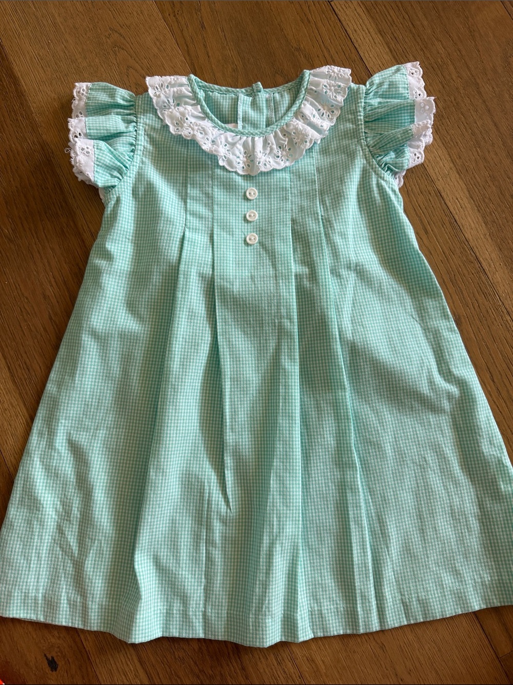 Girls' Mint Green Gingham Dress with Eyelet Collar